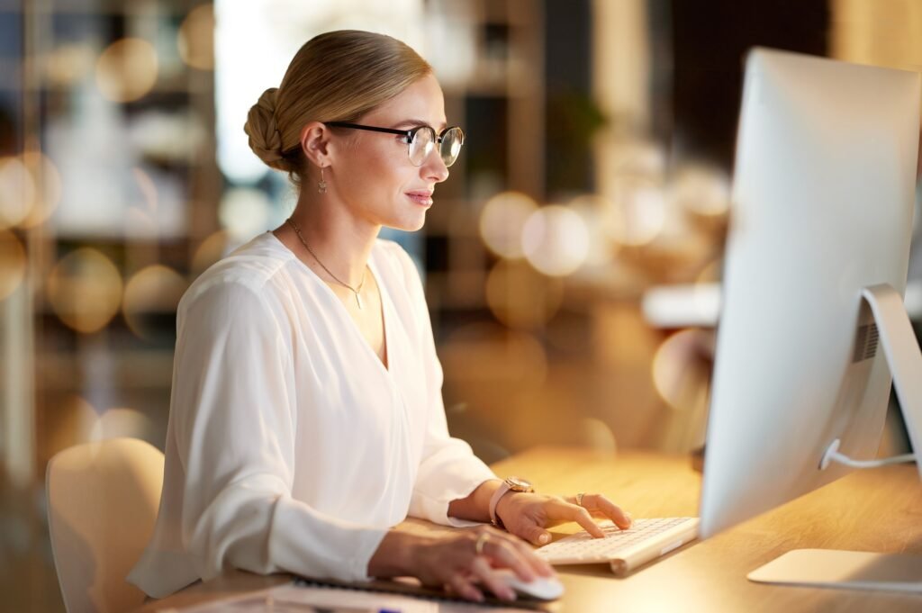 Email, research and woman on a computer for web design, software development and programming. Websi